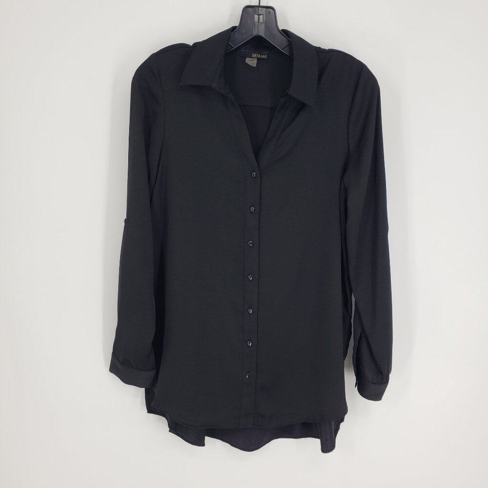 3/$25 Renuar Button Down Tunic Top Blouse XS Long Sleeves Black Collared Hi Low